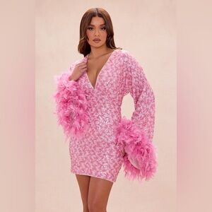 Fashion Nova Pink Sequin Feather Sleeve Mini Dress